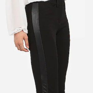 NWT - Express black stretch pants, vegan leather waist and tuxedo side stripe